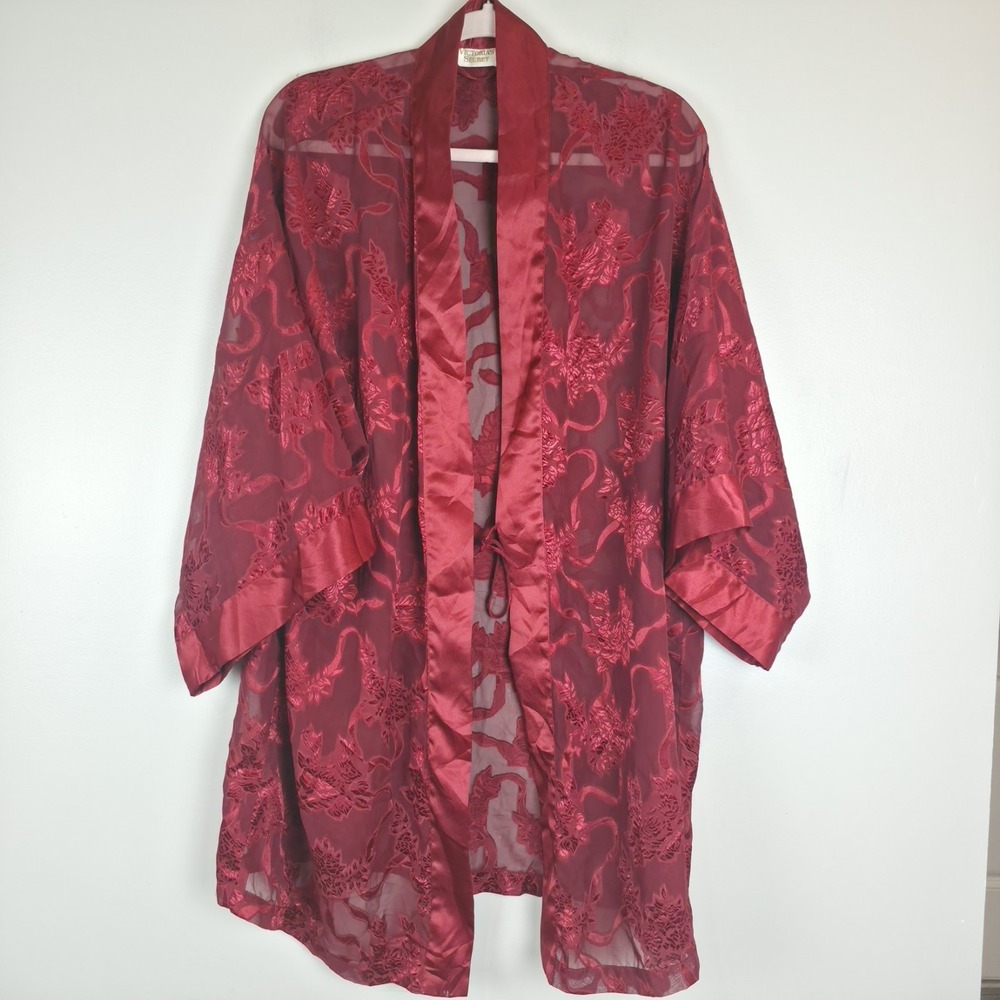 VTG Victoria's Secret Gold Label Red Satin Kimono Robe Jacquard Floral Large.A94
